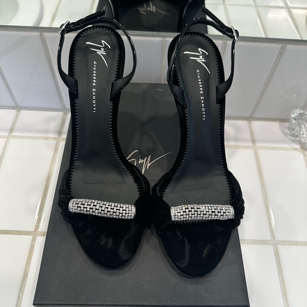 Giuseppe Zanotti Black Velvet Heel With Rhinestone Detail